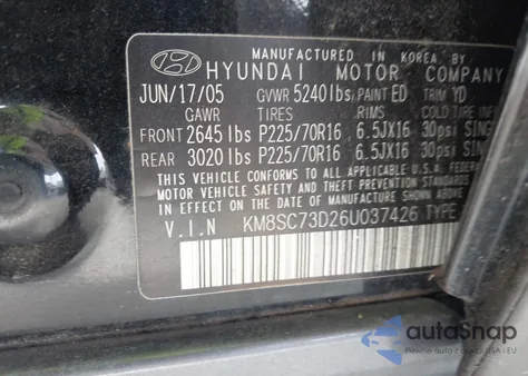 2006 Hyundai Santa Fe Gls from USA, damaged, VIN KM8SC73D26U037426